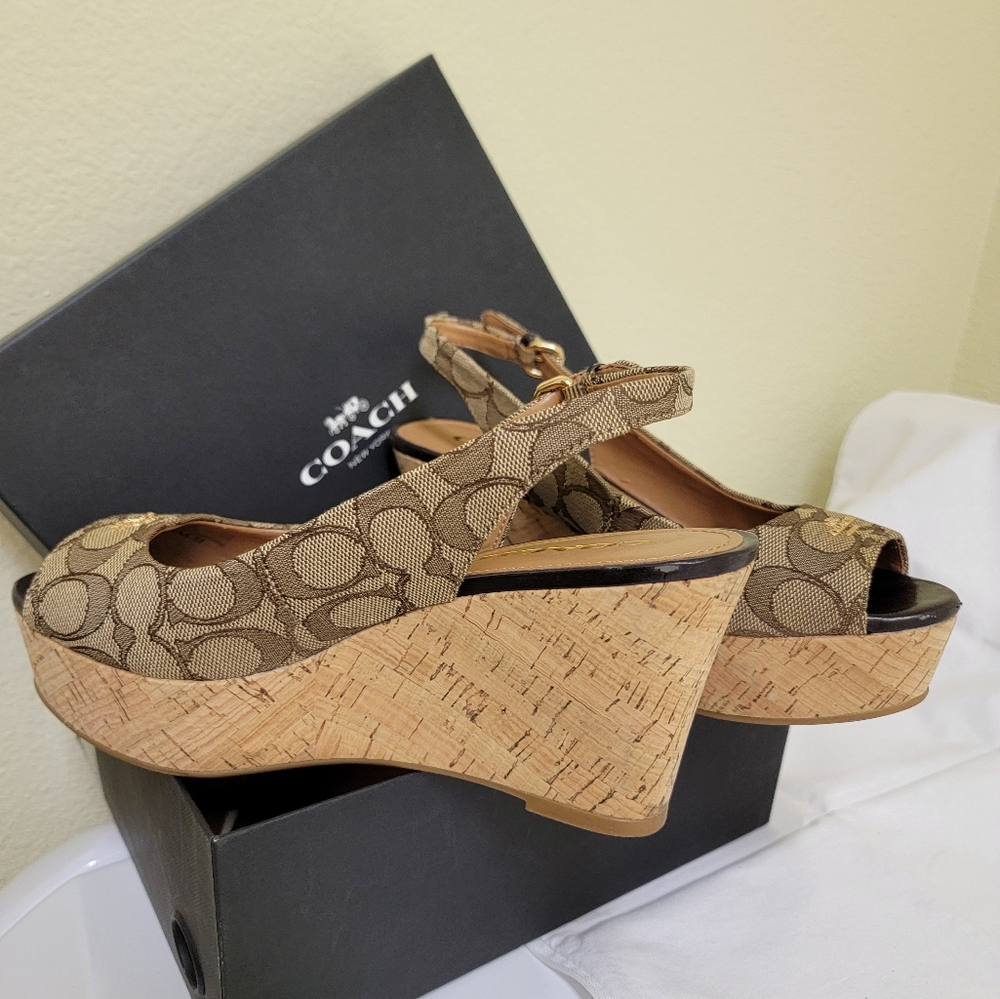 Coach Women's Khaki Peep-toe Wedge Platform Sandals with Signature Monogram